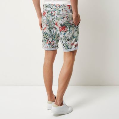 Blue Oxford Hawaiian print slim fit shorts